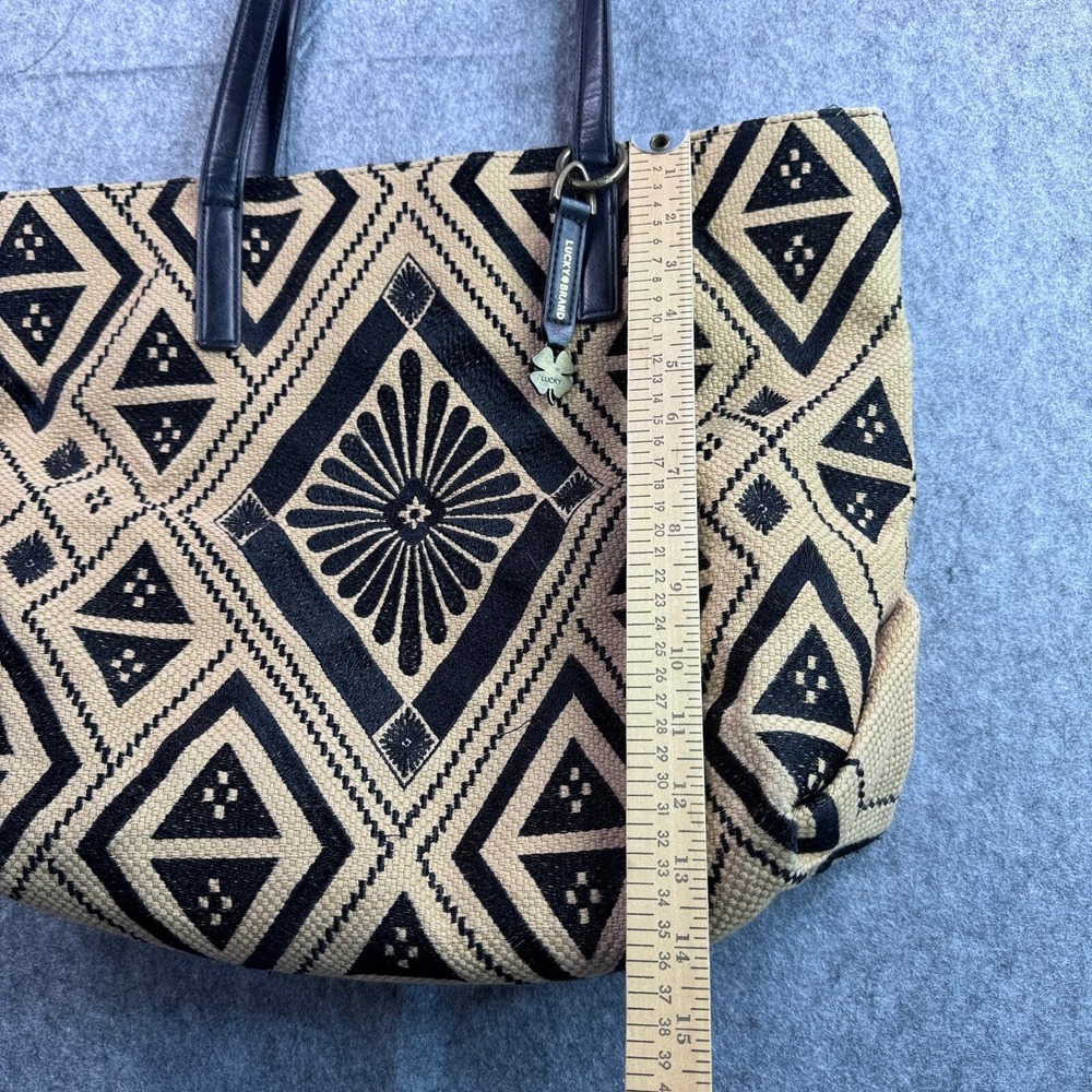 Lucky Brand Cassis Top Zip Tan Black Embroidered Boho Tote Shoulder Bag - Picture 3 of 7